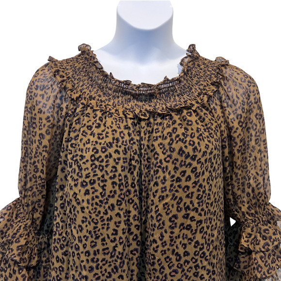 CeCe Top Wmns Large Leopard Print Sheer Blouse Off the Shoulder Ruffle Sleeve - Picture 5 of 13